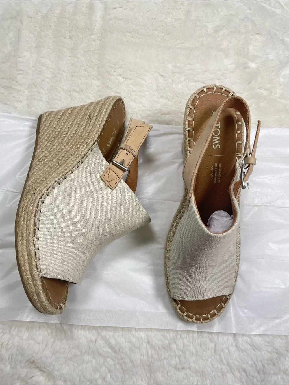 TOMS Natural Canvas Espadrille Wedge Sandals - Beige Size 10